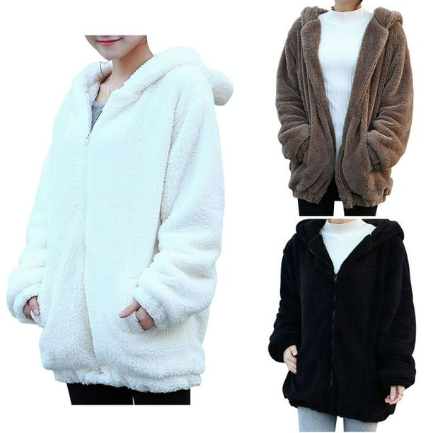 Pandaie Womens Jackets Long Sleeve Pullover Hooded Fleece Solid Color Zip Pockets Coat Hoodie Jackets 